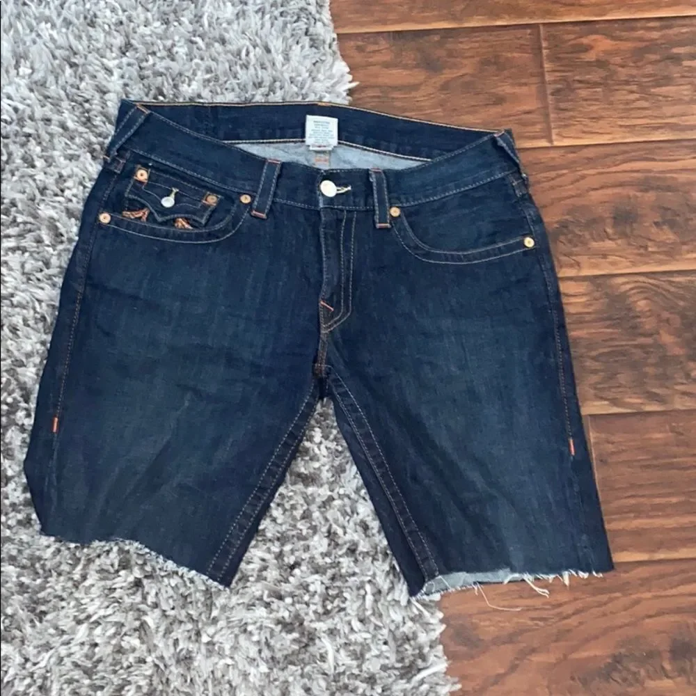 True Religion Blue Denim Manmade Rainbow Horseshoe Casual Cutoff Shorts